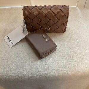 bebe Brown Woven Clutch with Matching Zip Wallet